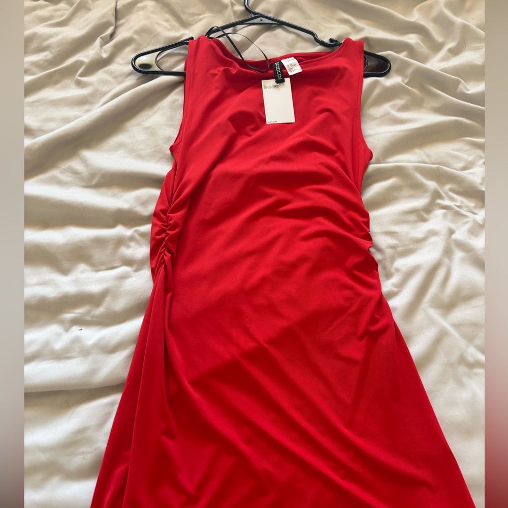 Divided Red Sleeveless Midi Dress with Side Ruching
